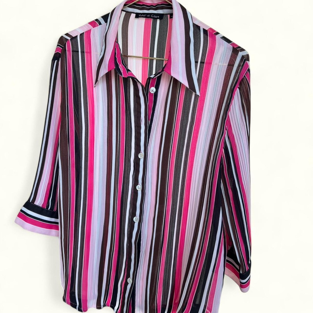 Pink and black striped button-up blouse